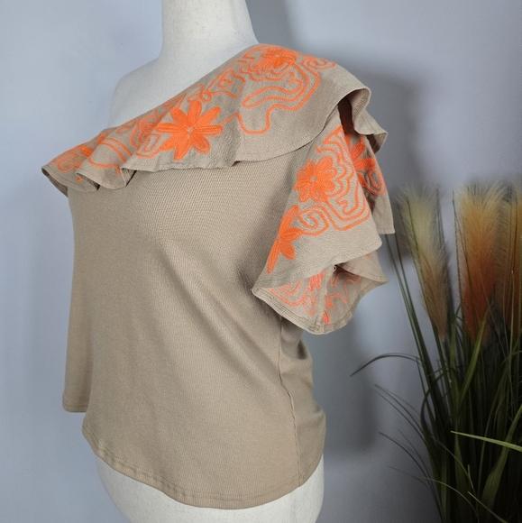 Anthropologie, New, Dolan Linen Blend Rib Knit Embroidered Ruffle Top Size XL - Picture 4 of 14